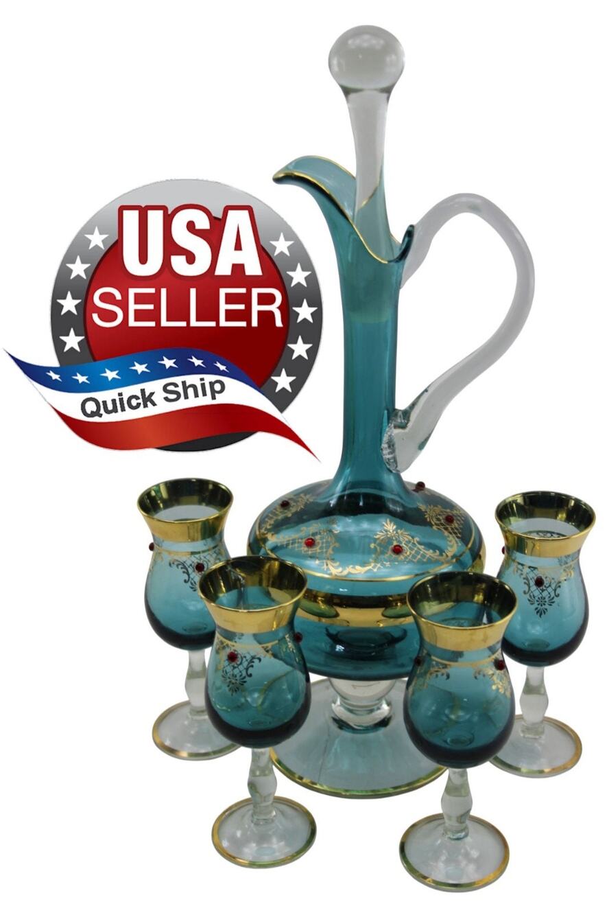 VTG MCM Murano Aqua Blue Venetian Decanter Caraf & 4 Glasses•Gold Gilt Art Glass